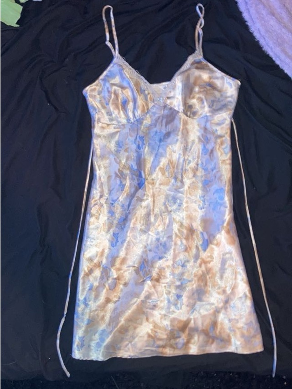 Adonna Satin Floral Slip with Lace Trim in Blue and Champagne 💙🪷